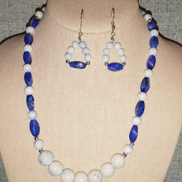 Blue and White Marble-Style Glass bead Necklace and Earring set - Picture 3 of 8